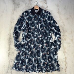 New See By Chloe Fringe Textured Mini Shift Dress Blue Floral Print 42 US 10